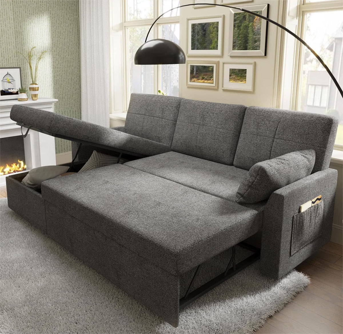 VANACC Sofa Bed, Adult Sleeper Sofa with Storage Chaise, Pull Out Couch for Bed Room, Gray Chenille