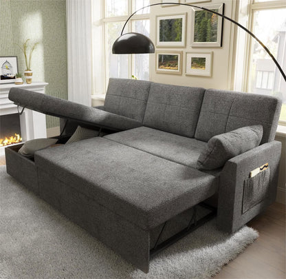 VANACC Sofa Bed, Adult Sleeper Sofa with Storage Chaise, Pull Out Couch for Bed Room, Gray Chenille