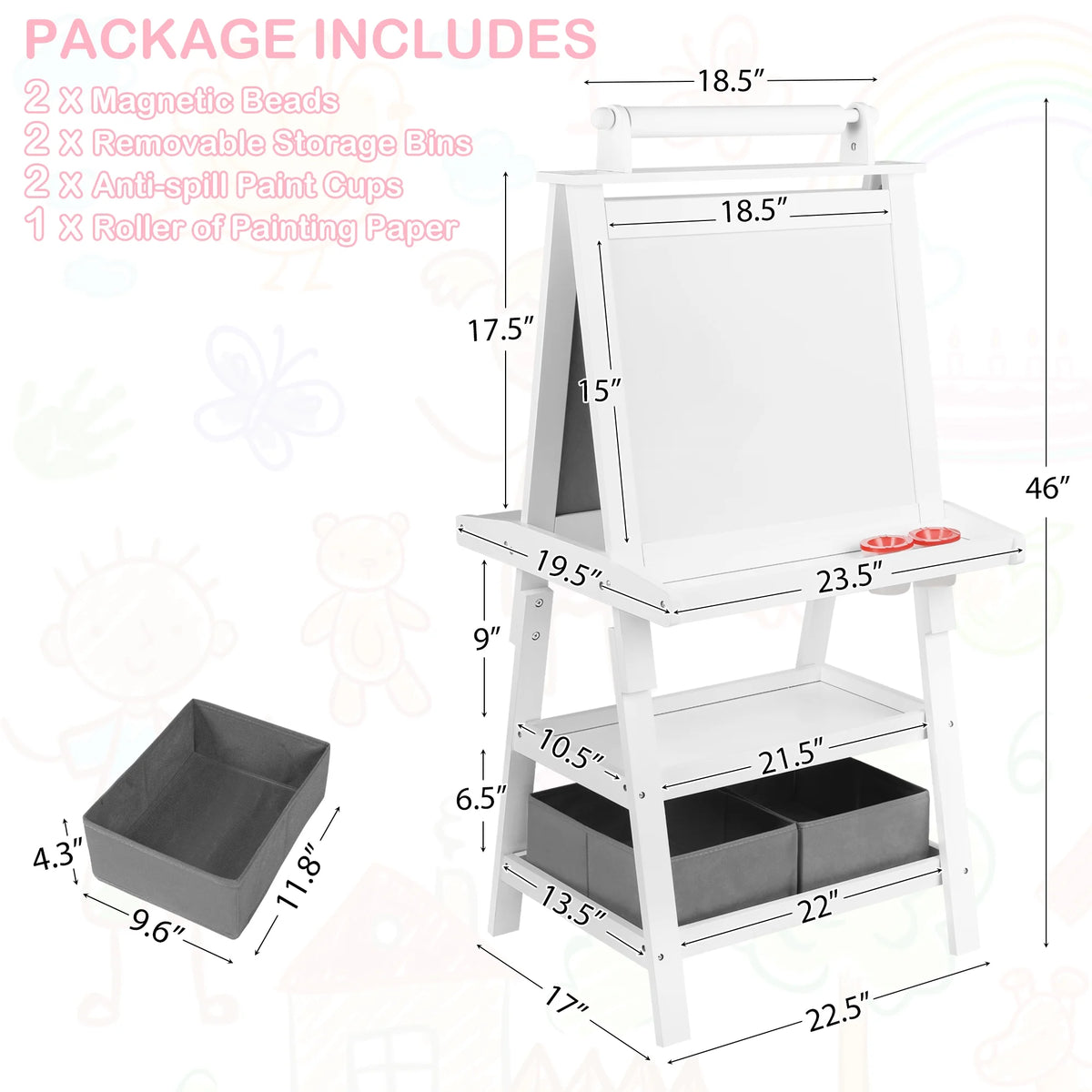 LINLUX 3 in 1 Art Easel for Kid, Whiteboard for Kid with Stand, Magnetic Chalkboard Pizarra, Grey