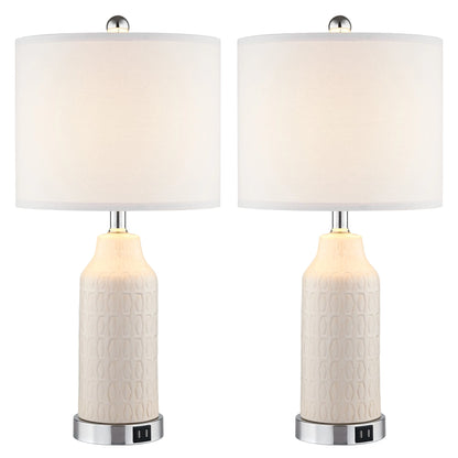 Cinkeda Table Lamp Set of 2 for Living Room Bedroom with USB Ports AC Outlet 3 Way Dimmable Touch Nightlight Farmhouse White Floral Nightstand Bedside Lamps