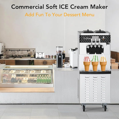 Garvee Commercial Ice Cream Machine 3-Flavor Floor Soft Serve Yogurt Maker 5.8-8Gal/H Yield With 2*7L Hoppers & 2*1.8L Cylinders