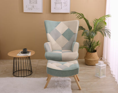Modern Accent Chair with Solid Wood Legs and High Wing Backrest, Side Chair Set with Ottoman, Comfy Side Armchair for Living Room, Reading Room, Bedroom, Colorful Patchwork