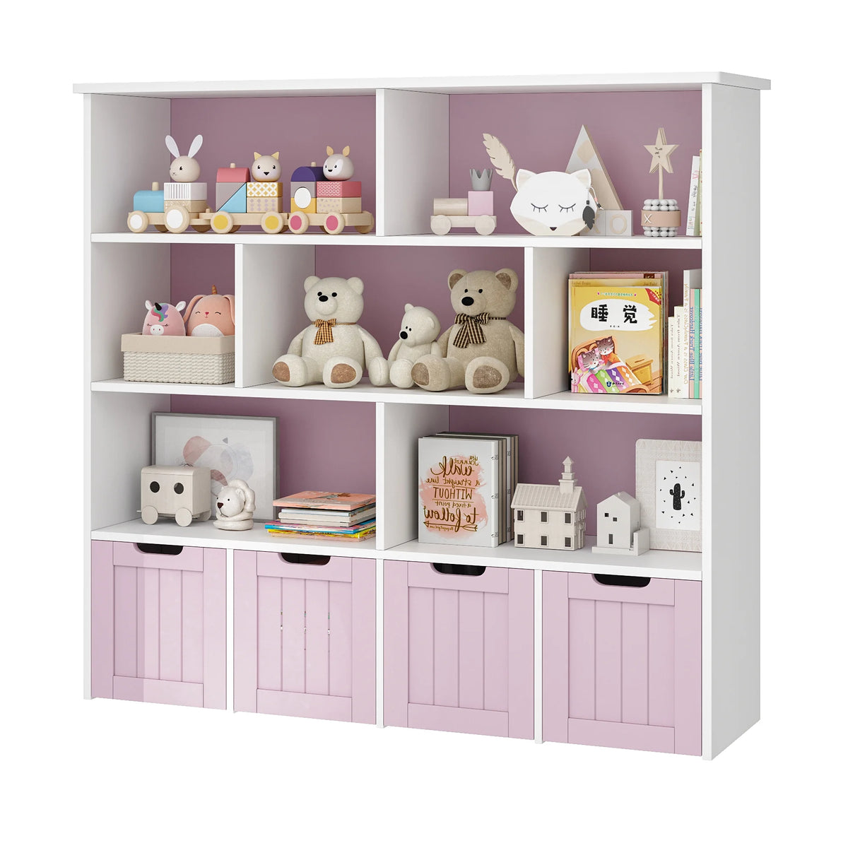 Homfa 7 Cube Toy Storage Organizer, Kids Geometric Bookcase and Bookshelf with 4 Drawers, White