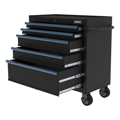 HART 36-Inch 5-Drawer Rolling Tool Cabinet with Wood Top, Locking Steel Garage Storage, Black