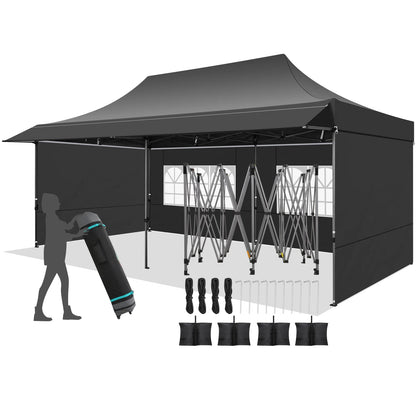 COBIZI 10x20 Pop Up Canopy Heavy Duty Party Tent with Removable Awning and Sidewalls,Easy Up Outdoor Wedding Canopy,Gazebo All Season Windproof&Waterproof with Roller Bag UPF 50+,Black