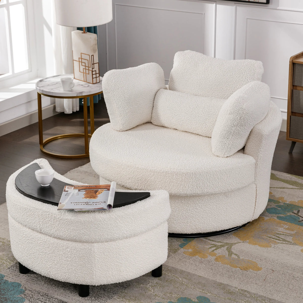 Muumblus Teddy Swivel Accent Barrel Chair, Modern Oversize Sherpa Comfy Round Reading Armchair for Living Room, Ivory