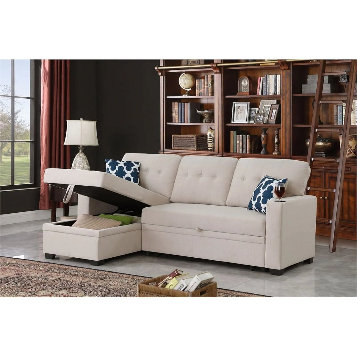 Reversible Fabric Sleeper Sofa Bed & Chaise with Cup Holder-Beige