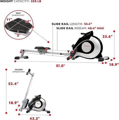 Sunny Health & Fitness 53.4" Extended Slide Rail Magnetic Rowing Machine Rower with Free SunnyFit App Membership - SF-RW5515