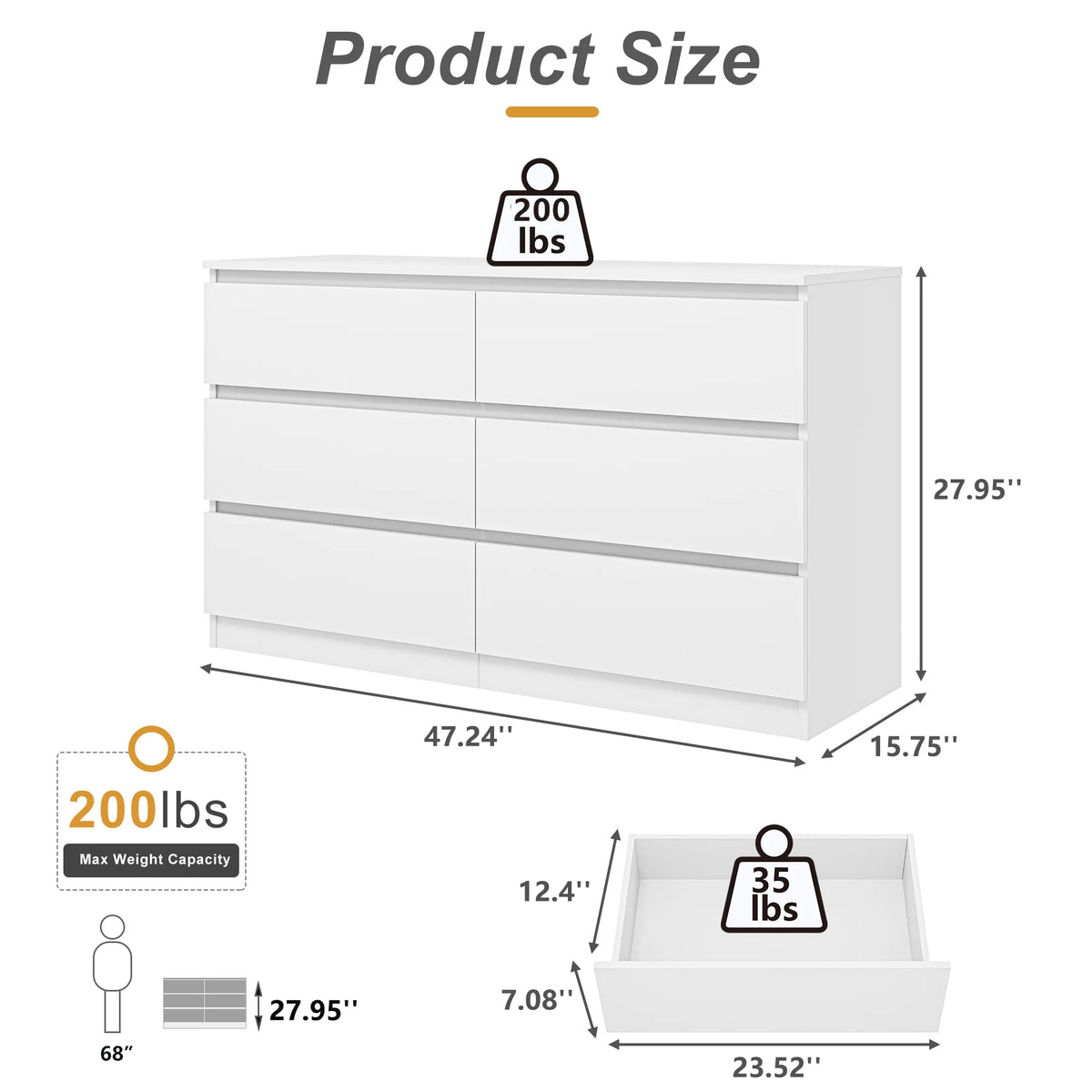 Resenkos Modern Mid Century 6 Drawer Wide Dressers Chests for Bedroom, Chest of Drawer Organizer Grey