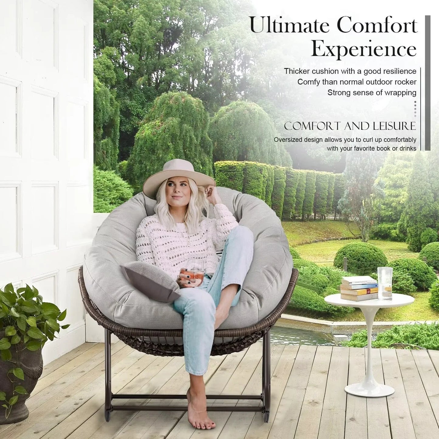 Outdoor Papasan Rocking Chair, Patio Oversized Wicker Egg Rocking Chair, Indoor & Outdoor Comfy Rocker Chair with Thick Cushion, Modern Lounge Chair for Front Porch, Garden, Backyard, Grey