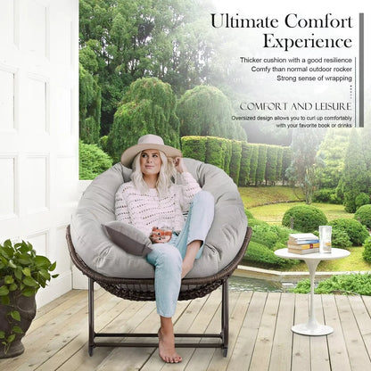 Outdoor Papasan Rocking Chair, Patio Oversized Wicker Egg Rocking Chair, Indoor & Outdoor Comfy Rocker Chair with Thick Cushion, Modern Lounge Chair for Front Porch, Garden, Backyard, Grey