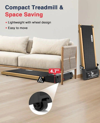 Ecotronic Indoor Electric Walking Pad with Natural Wood Finish, 2.25HP Motor, LED Display, Remote Control, and Incline
