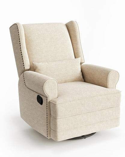 Royalcraft Swivel Nursery Glider Recliner, Comfy Upholstered Glider Chair with Lumbar Pillow and Footrest, Beige