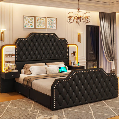 Queen Bed Frame with 2 Nighstands, Power Outlets and 4 Drawers, Upholstered Bed with Vanity Tables and Mirrors, Modern Velvet Tufted Platform Bed with Headboard & Footboard, Black