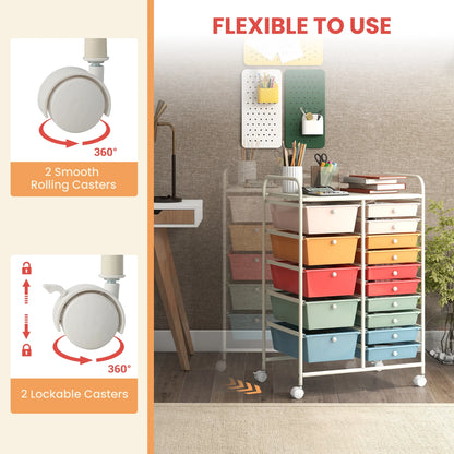 Costway 15 Drawer Rolling Storage Cart Tools Scrapbook Paper Office School Organizer White