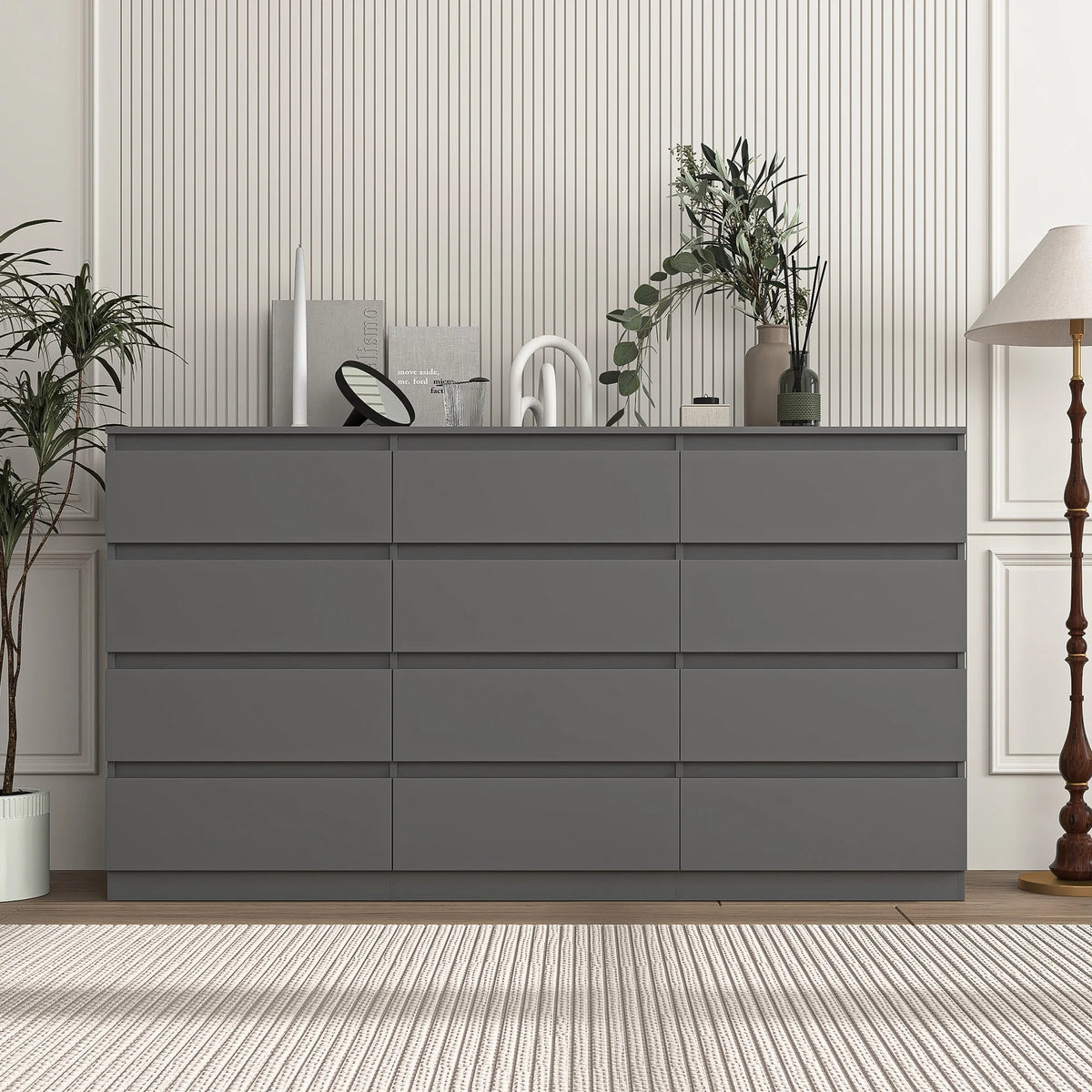 Resenkos Modern Mid Century 6 Drawer Wide Dressers Chests for Bedroom, Chest of Drawer Organizer Grey