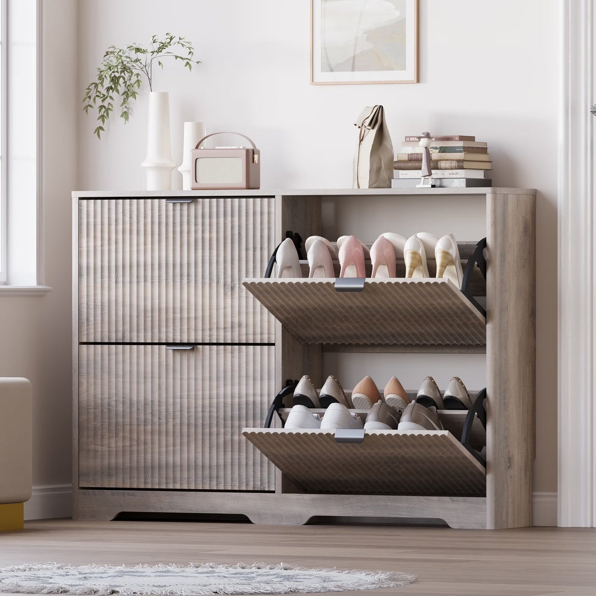 FANRAL Shoe Cabinet with 2 Flip Drawers & Open Storage,Fluted Shoe Storage Cabinet Rack Organizer with Adjustable Shelves for Entryway,Closet,Hallway,White
