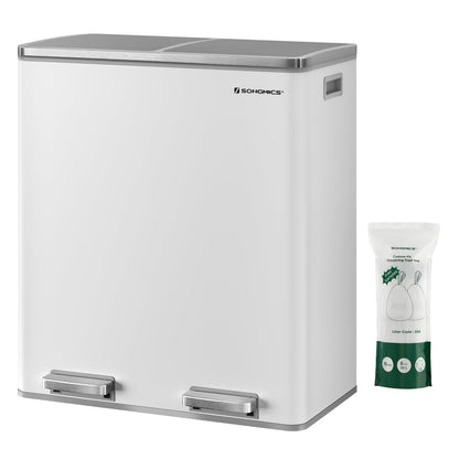 16 Gallon Dual Trash Can, Rubbish Bin and 15 Trash Bags, Metal, Almond Color