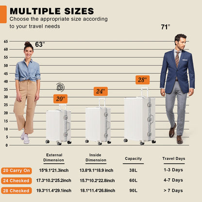 Luggage Aluminium Frame PC ABS Hardshell Suitcase with Spinner Wheels TSA Lock Zipperless Luggage 28 inch Silver