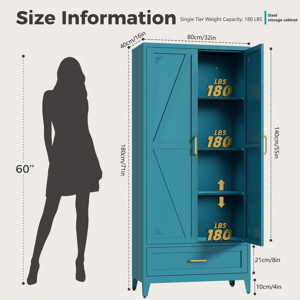 71" H Modern Freestanding Storage Cabinet With Gold Handles One Drawer And Adjustable Ceiling Height Multi-Functional Suitable For Kitchen Office Living Room And Bedroom Pantry Blue