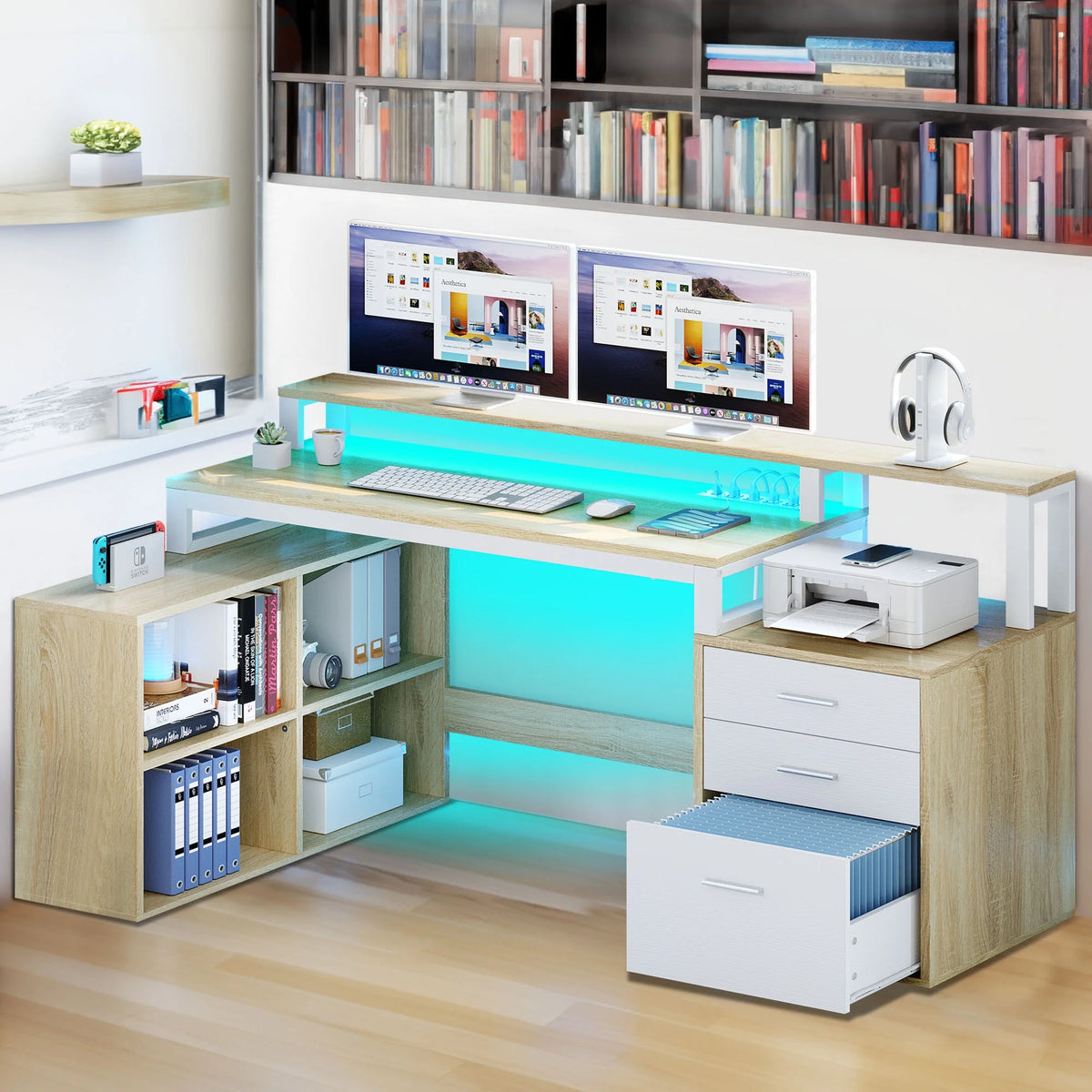 Dextrus 65" L Shaped Desk with Power Outlets and Monitor Stand , Computer Desk with LED Light &File Cabinet, Corner Desk with 3 Drawers & 4 Open Storage Shelves, Modern Home Office Desk, White