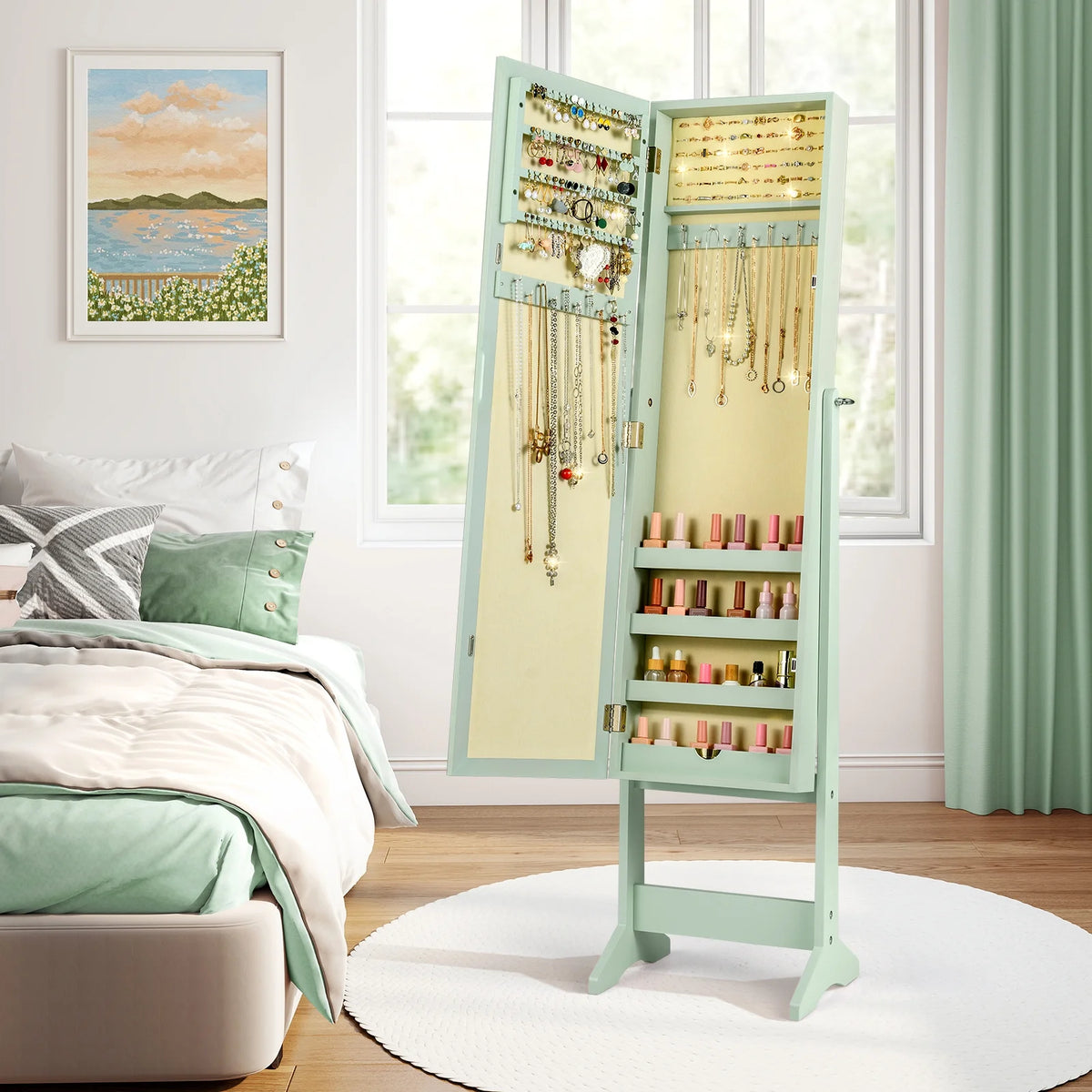 Costway Jewelry Mirrored Cabinet Armoire Organizer Storage Box w/ Stand Christmas Gift