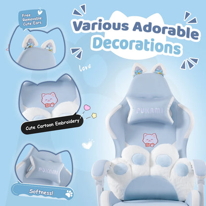 Waleaf Pink Gaming Chair with Cat Paw Lumbar Cushion and Cat Ears for Girls, Reclining Office Computer Chair with Footrest for Adults, Teens