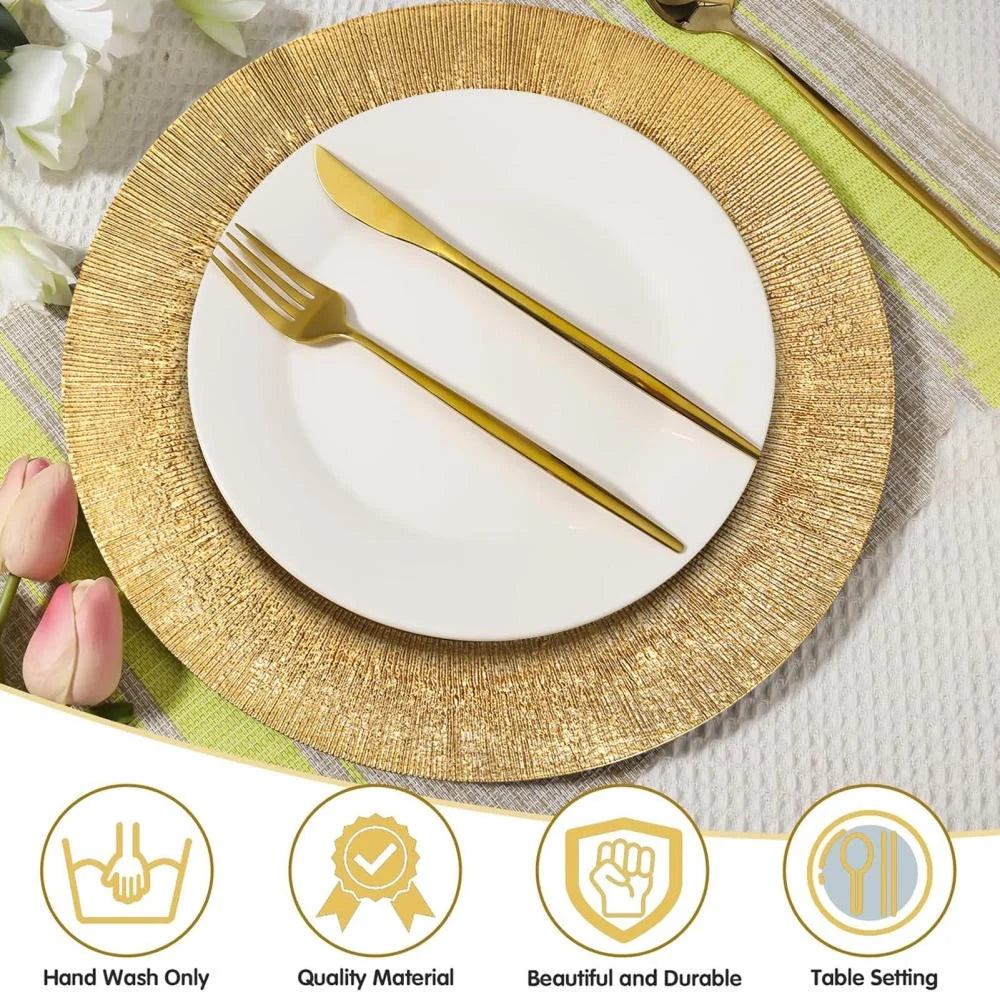 Antique Gold 13" Charger Plates - 100-Pack Plastic Dinnerware for Weddings, Holiday Tablescapes & Luxury Events