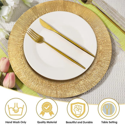 Antique Gold 13" Charger Plates - 100-Pack Plastic Dinnerware for Weddings, Holiday Tablescapes & Luxury Events