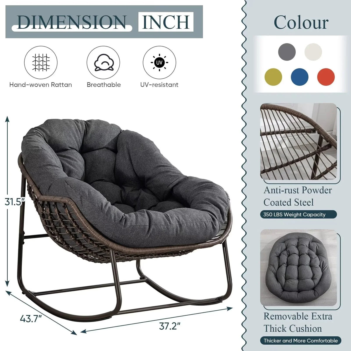 Outdoor Papasan Rocking Chair, Patio Oversized Wicker Egg Rocking Chair, Indoor & Outdoor Comfy Rocker Chair with Thick Cushion, Modern Lounge Chair for Front Porch, Garden, Backyard, Grey