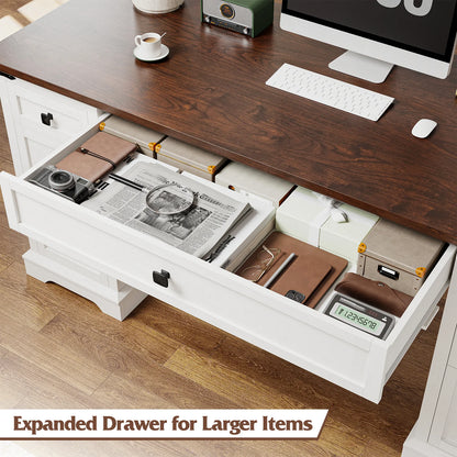 EnHomee Farmhouse Desk with Drawers, Wood Home Office Desk with Charging Station, Antique White