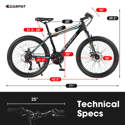 26 inch Mountain Bike for Men, Adult Mountain Bike with Shimano 21 Speed & Disc Brakes, Black Orange