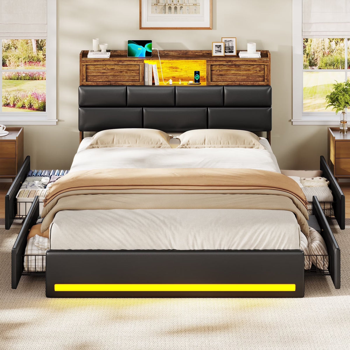Twin Bed Frame with Bookcase Headboard and Storage, Barn Doors Twin Size Upholstered Beds with 4 Under Bed Storage Drawers & Charging Station & LED Lights, Grey