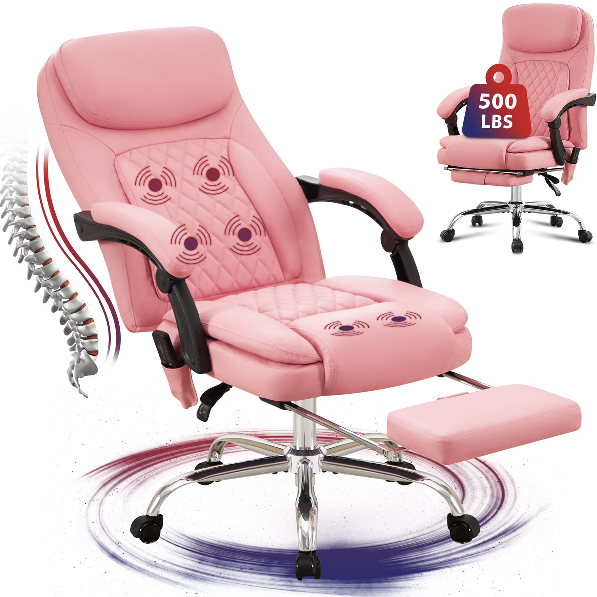 JONPONY Big and Tall Office Chair 500LBS Executive Office Chair Massage and Footrest Ergonomic Computer Desk Chair Reclining High Back Leather Office Chair Lumbar Back Support Swivel Rolling,Black