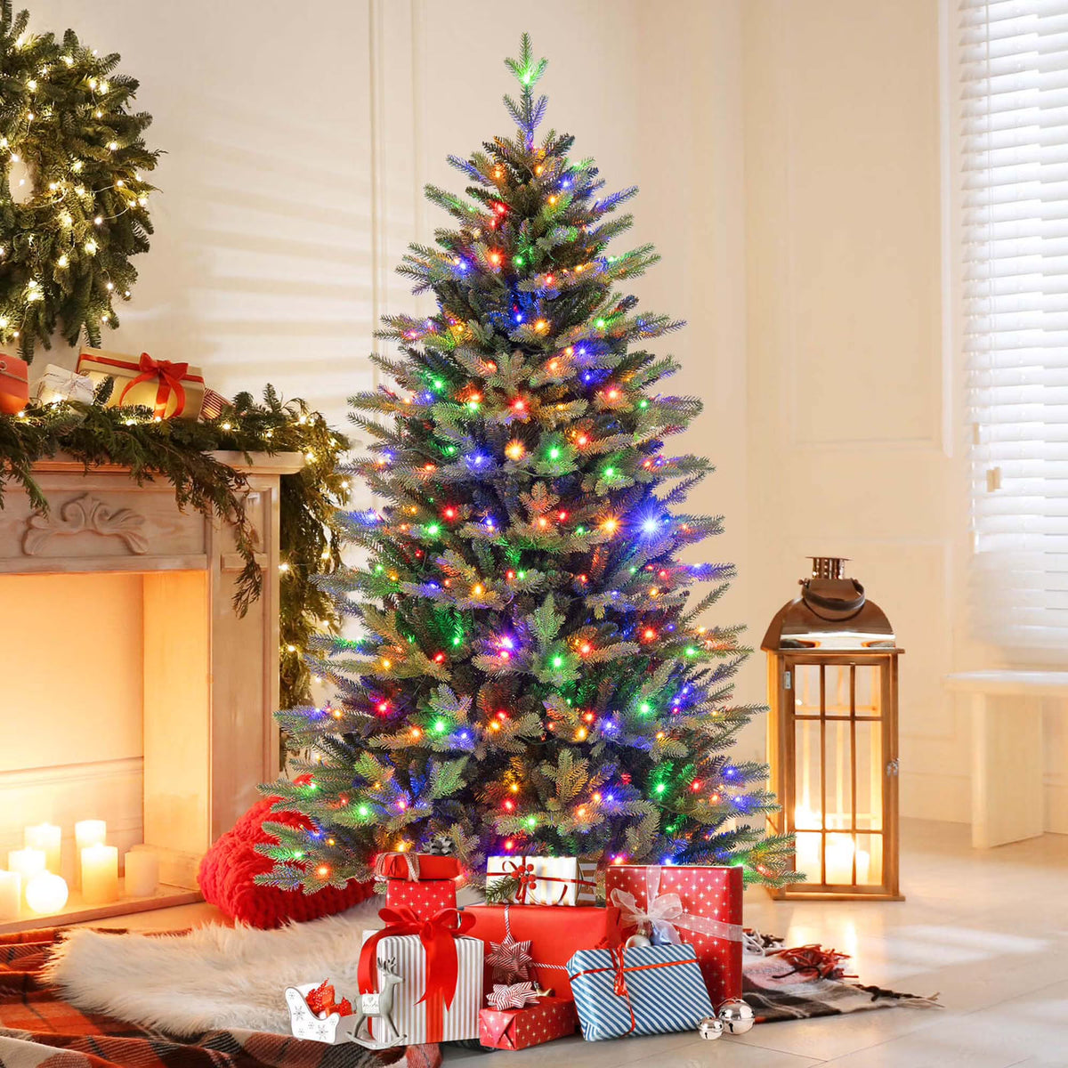 Costway 5 FT Pre-Lit Christmas Tree Hinged with 250 Multi-color Lights & 844 Branch Tips