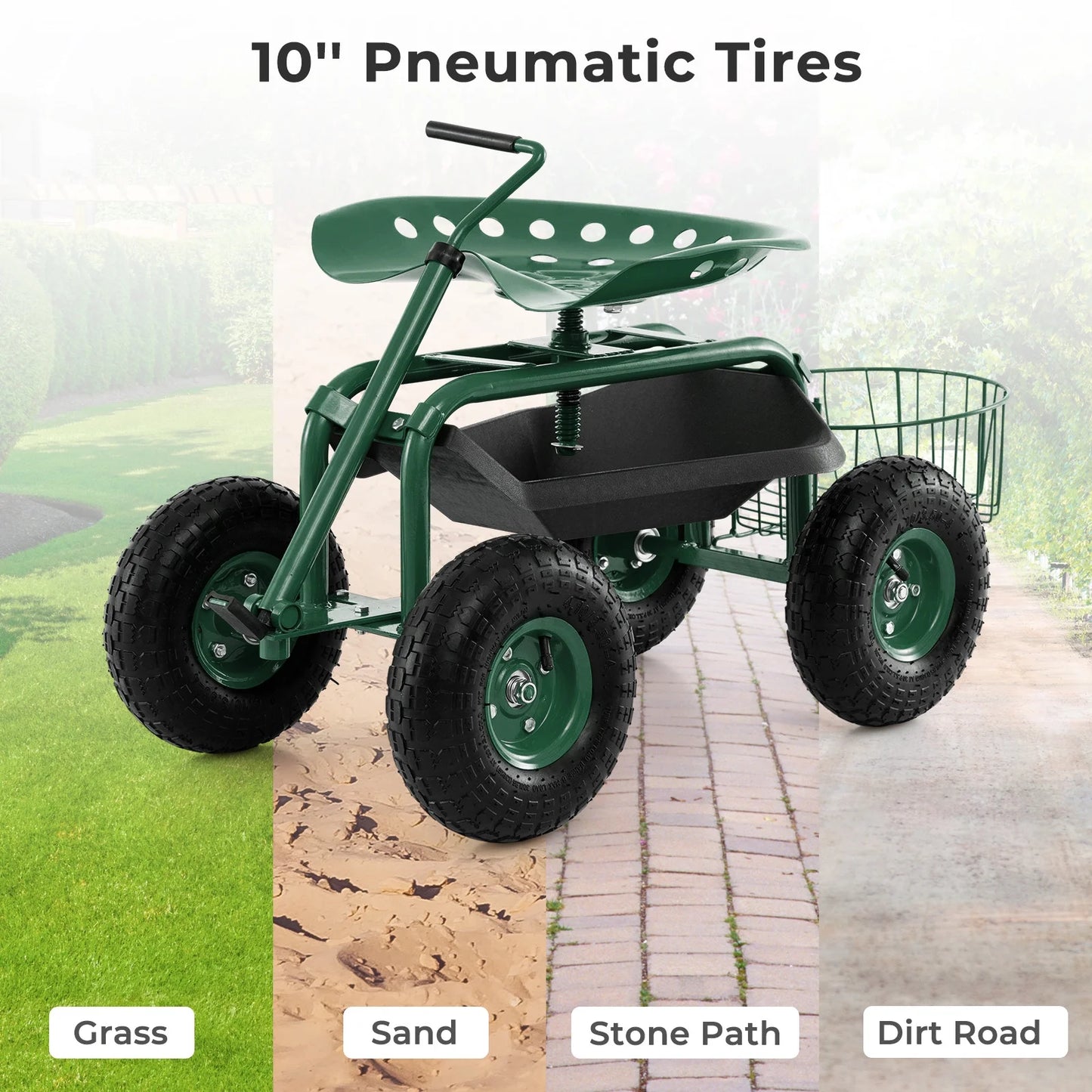 Costway Garden Cart Rolling Work Seat for Planting with Extendable Handle Green