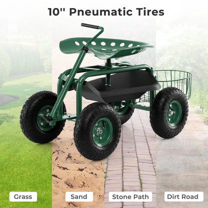 Costway Garden Cart Rolling Work Seat for Planting with Extendable Handle Green