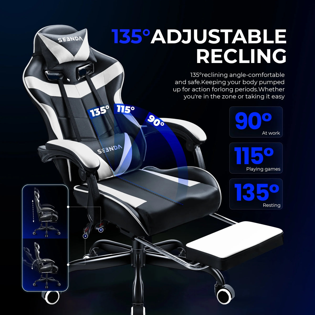 Gaming Chair, Seenda Video Game Chair with Footrest and Lumbar Support, Ergonomic Computer Chair Height Adjustable with Swivel Seat and Headrest, Red