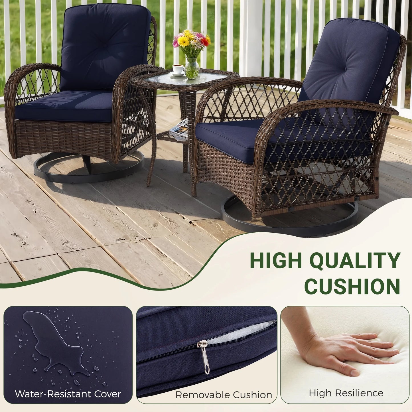 3 Piece Patio Swivel Rocker Chairs Set, 2 360-Degree Swivel Rocking Chairs with 1 Glass Top Table, PE Rattan Outdoor Bistro Set with Cushions for Balcony Deck Poolside Backyard Porch