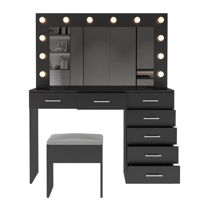 Ktaxon Large Makeup Vanity, Vanity Table Set w/ Visible Glass Top w/ Charging Station, White