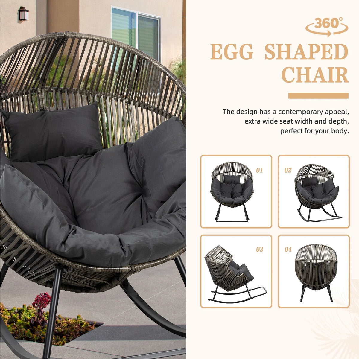 Walsunny Egg Chairs Outdoor Patio Wicker Oversized Egg Shell Lounger Lawn Chair with Cushion for Indoor Outside Porch Balcony Backyard, Original Wood Color Rattan Beige Cushion