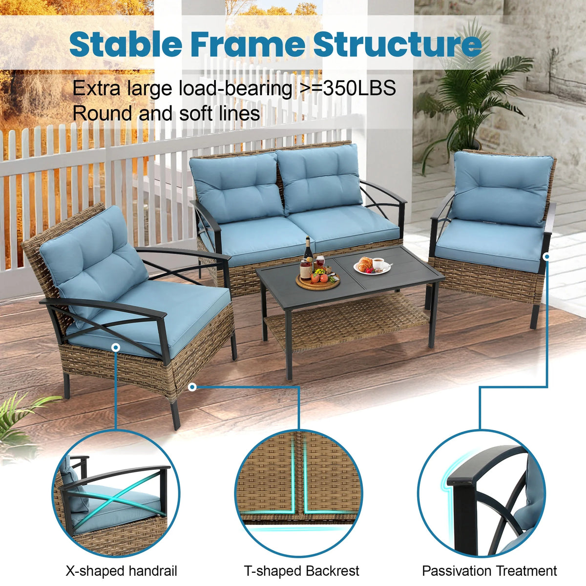 Heavy-duty Patio Furniture Set, 4 Piece Outdoor Sectional Conversation Sets, BrownPE Rattan Patio Sofa Set with Blue Cushions