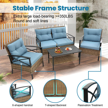 Heavy-duty Patio Furniture Set, 4 Piece Outdoor Sectional Conversation Sets, BrownPE Rattan Patio Sofa Set with Blue Cushions