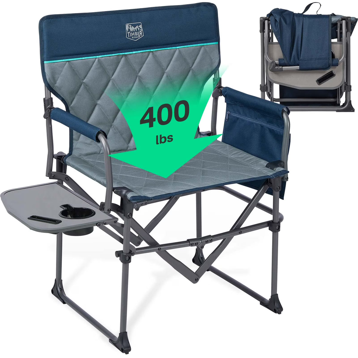 TIMBER RIDGE Portable Director Chair, Heavy Duty Camping Folding Chair with Compact Size with Side Pocket and Side Table, Support 400 lbs, Grey