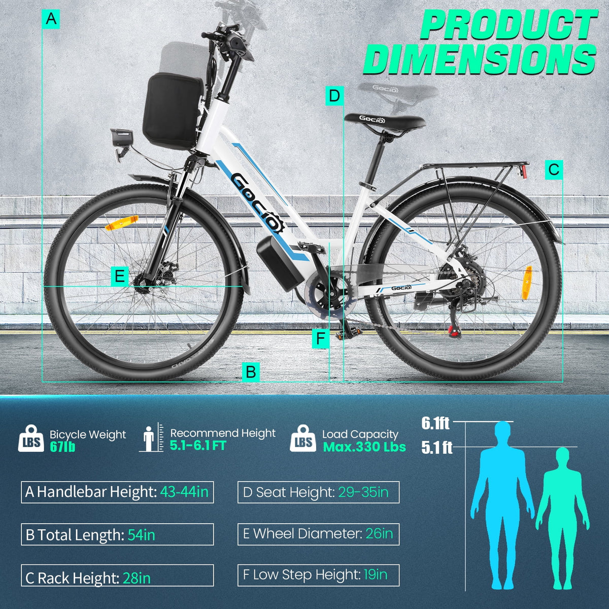 Gocio 26" Electric Bike for Adults, 500W Electric Cruiser Bike, 48V/7.8Ah Removable Battery, 7 Speed, City Commuting E-bike, UL2849