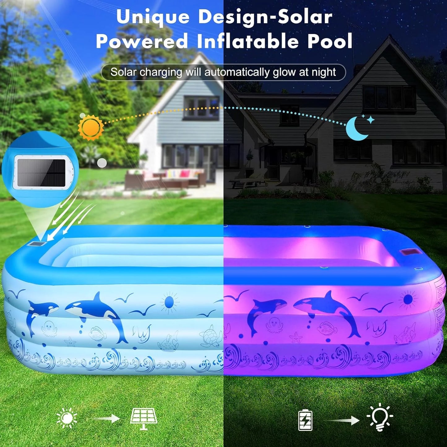 2025 Upgrade Inflatable Pool with Lights,  Powered Family Swimming Pool for Kids & Adults,  Thickened Backyard Pool - Blue