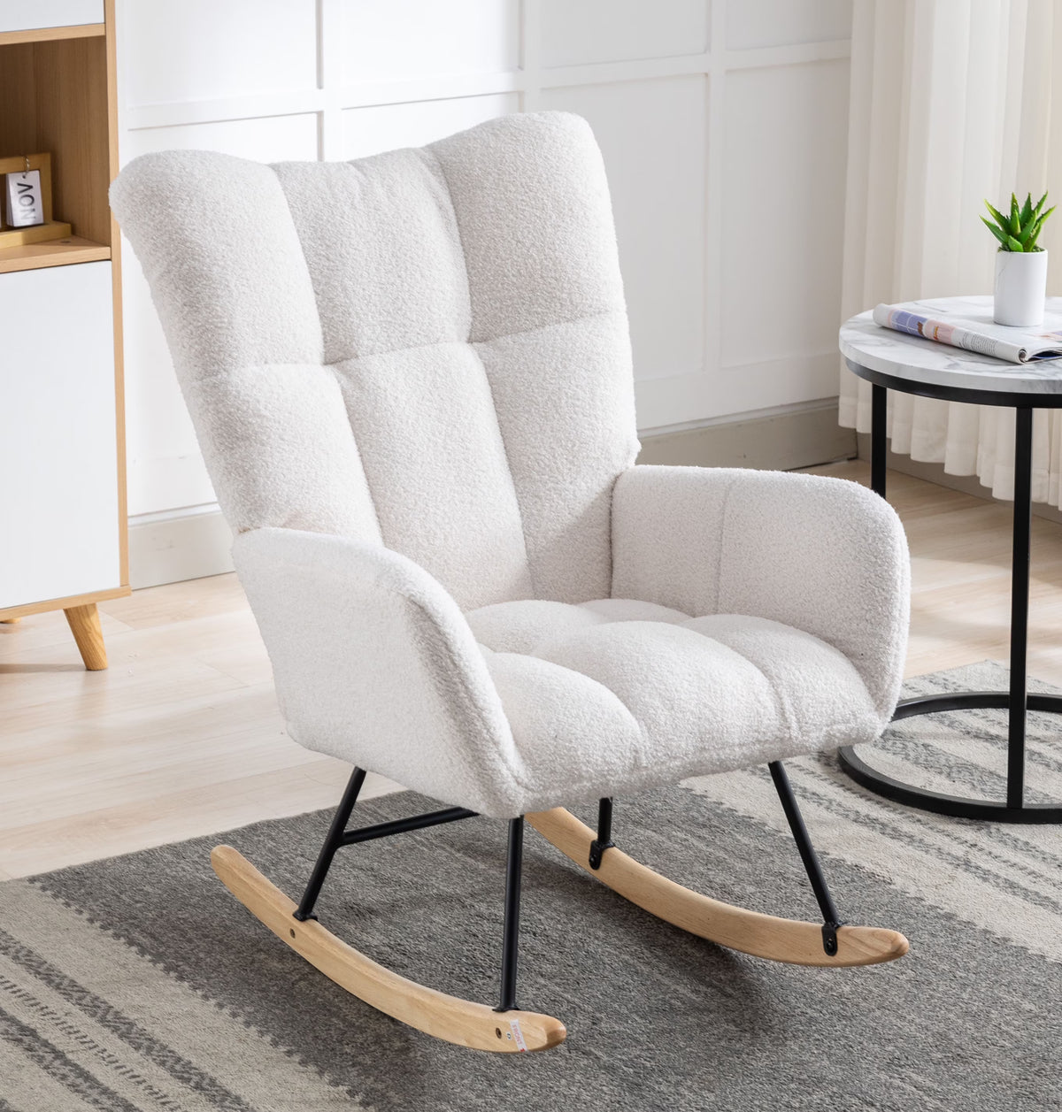 Rocking Chair Nursery,Teddy Upholstered Glider Rocker with High Backrest,Modern Rocking Accent Chairs Glider Recliner for Living Room, Nursery, Bedroom,White