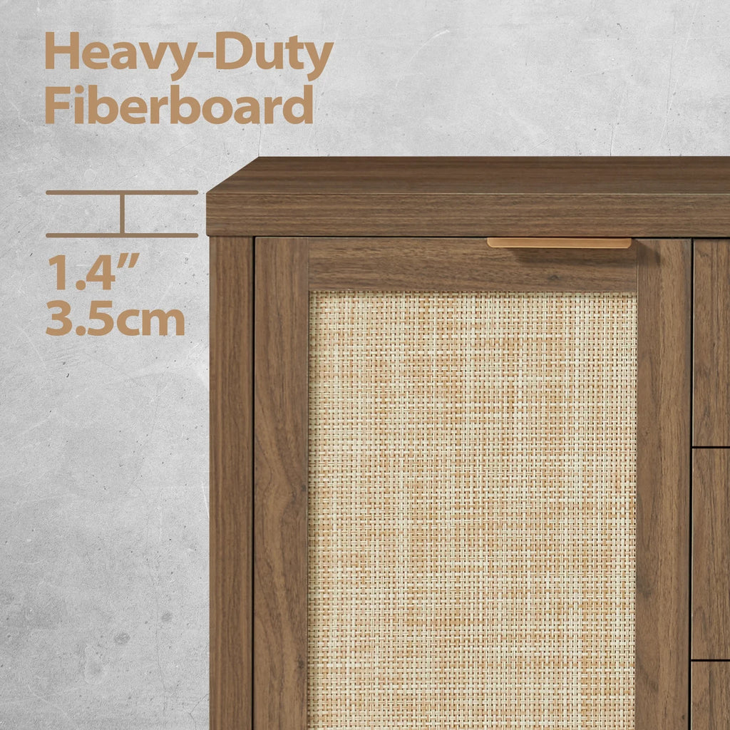 ARKANTOS Sideboards and Buffets, Boho Storage Cabinets with Rattan Doors and Drawers, Natural Oak