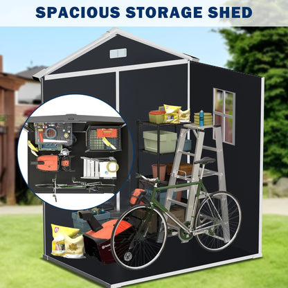 Outdoor Shed & Storage, Seizeen All-Weather Plastic Sheds 82'' H, Sloped Top Garden Shed with Window, Heavy-Duty Resin Outdoor Storage W/Floor, Gray
