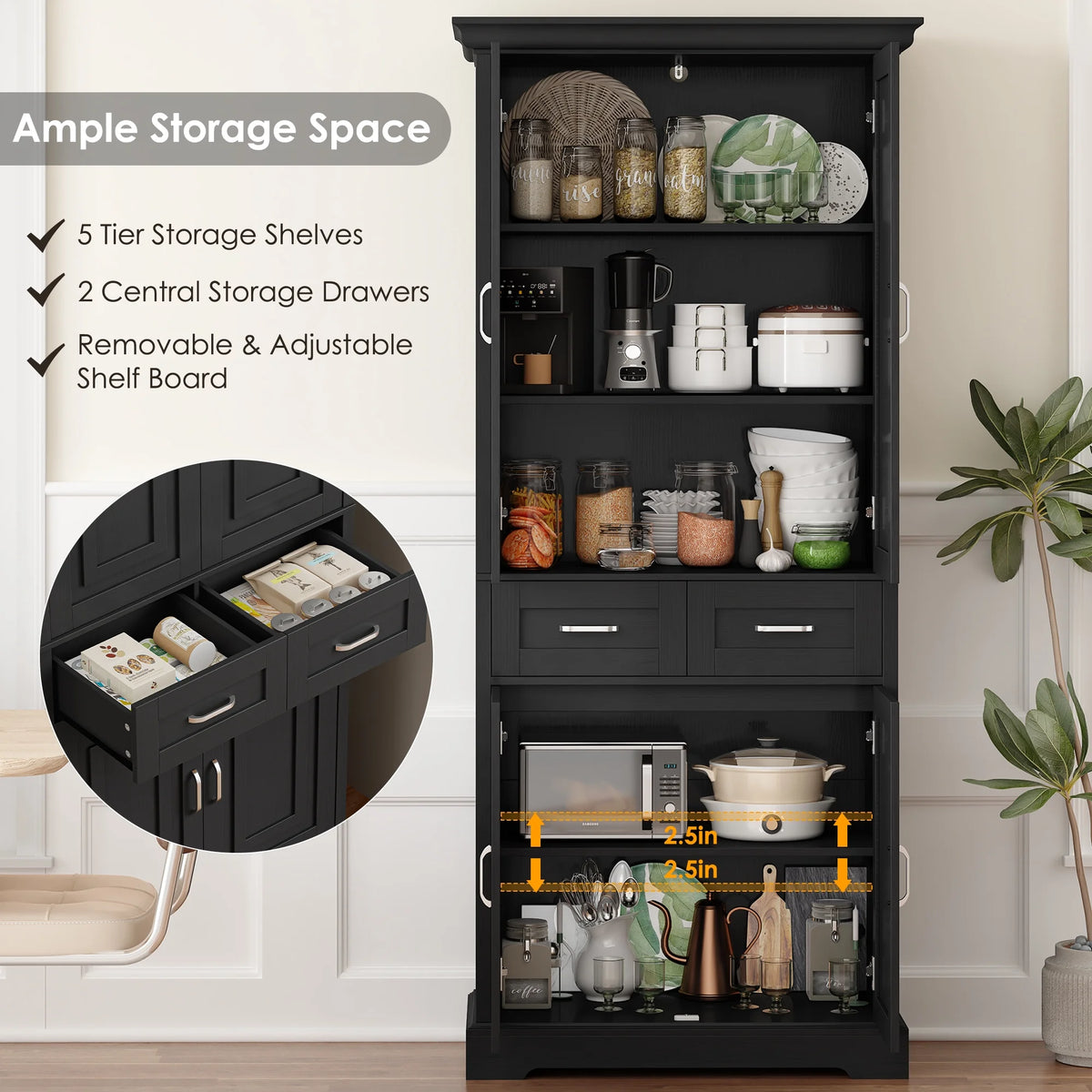 Homfa 70.9'' Tall Kitchen Pantry with 4 Doors, 2 Drawer Modern Freestanding Storage Cabinet for Dining Room Living Room, White